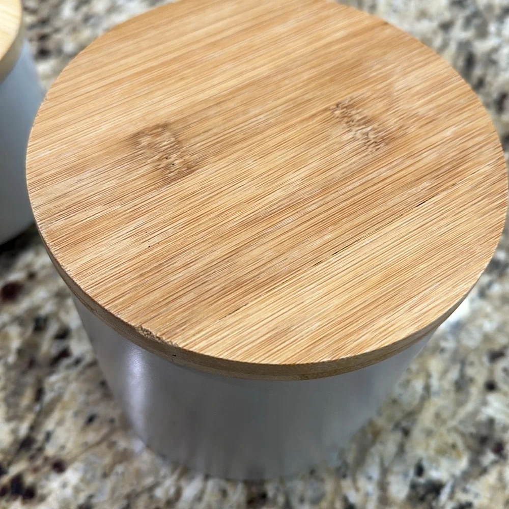 Crate & barrel ceramic canister with bamboo lid